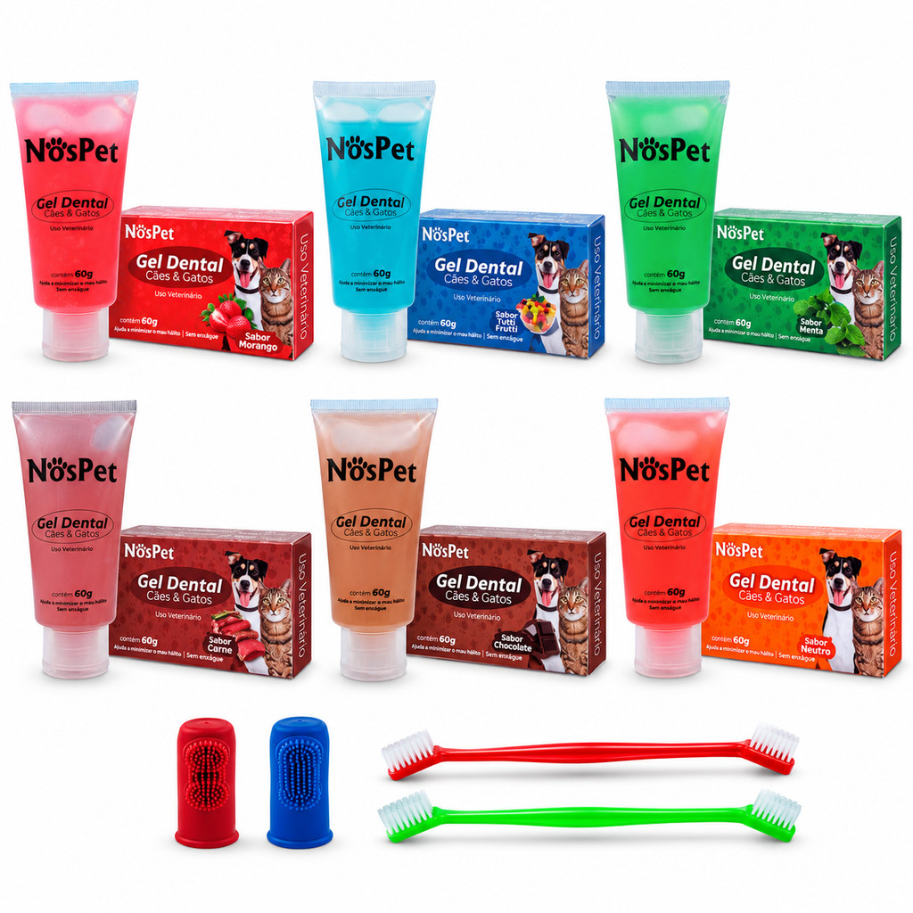Escova de Dente Gel Dental Kit Higienico para Cães E Gatos Petshop Nospet 60g