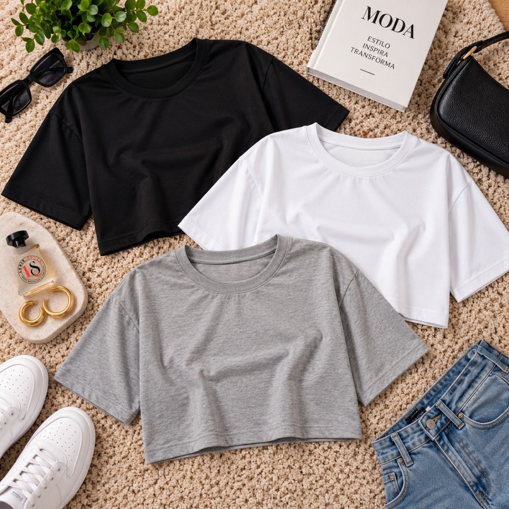 Kit 3 Blusinhas Cropped Feminina Camiseta T-Shirts Soltinhas Estilosas Leve Confortável para Mulhres Moderna e Estilosas