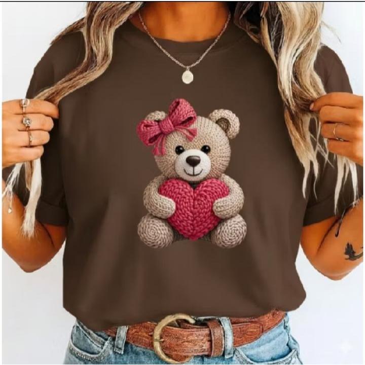 Camiseta Feminina Ursinho Urso Coração T-Shirt 100% Algodão Camisa Lançamento Blusa Feminina  Estilo Casual Estampada