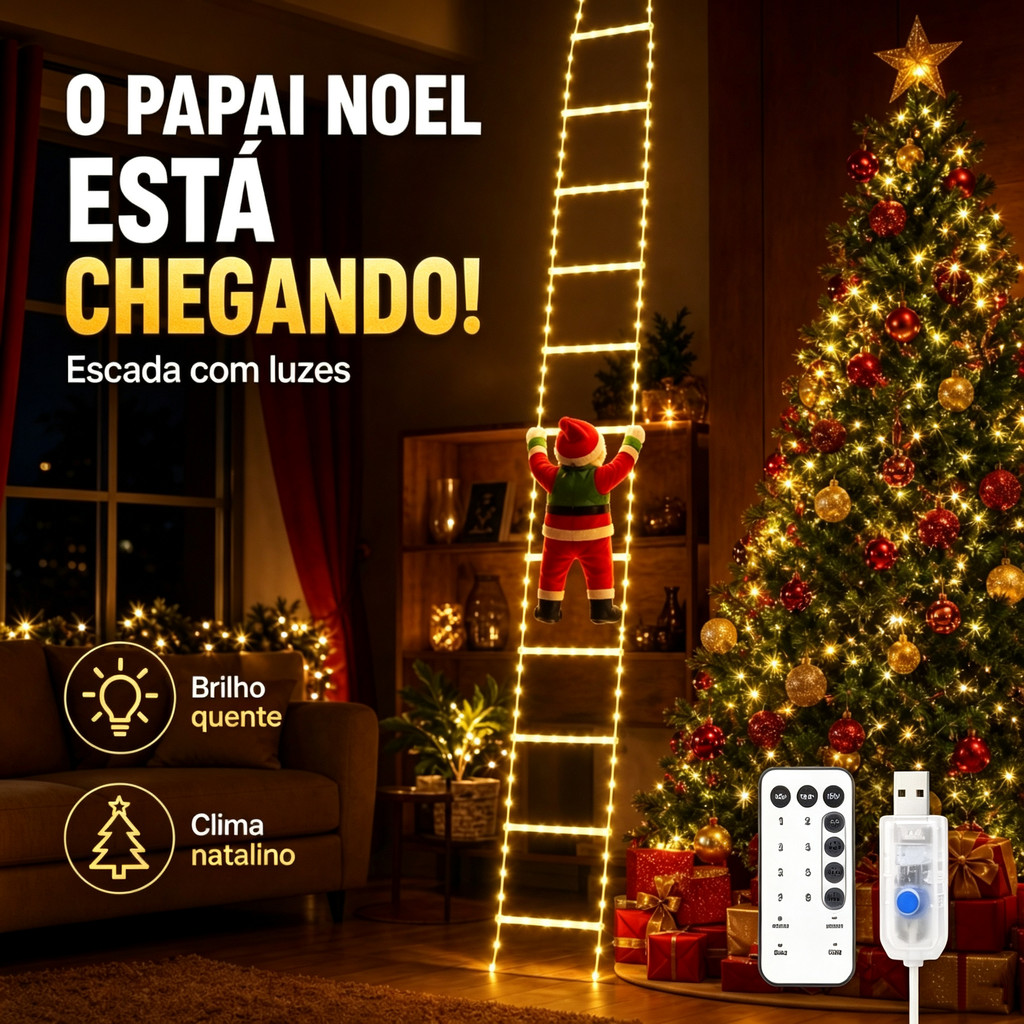 Escada de Natal Luz LED 1.7m 8 Degraus / 3m 12 Degraus Papai Noel USB Controle Remoto Decoração Natalina