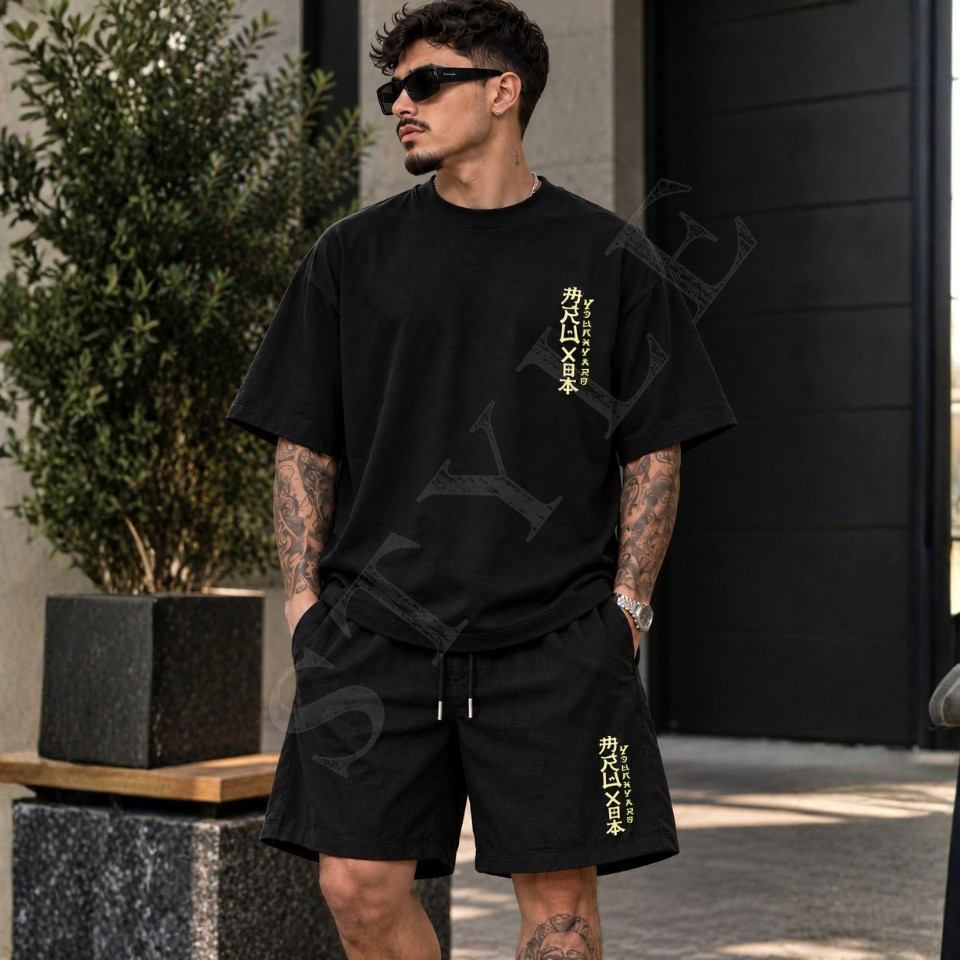 Kit Conjunto Camiseta Oversized e Short de Linho Streetwear Premium Estampada Mask Academia Camisa Estilo Japonesa
