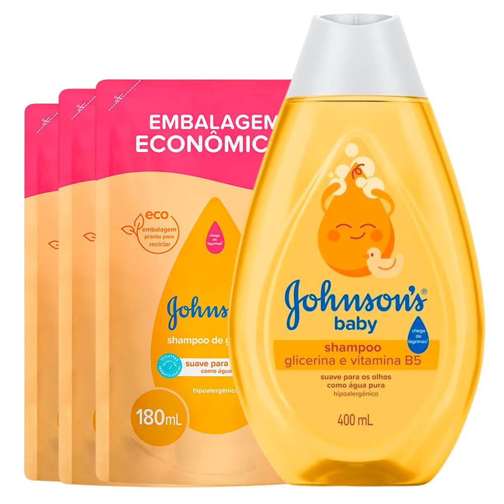 Kit Johnson's Baby 3 Shampoo Infantil Refil 180ml + 1 Shampoo Infantil 400ml
