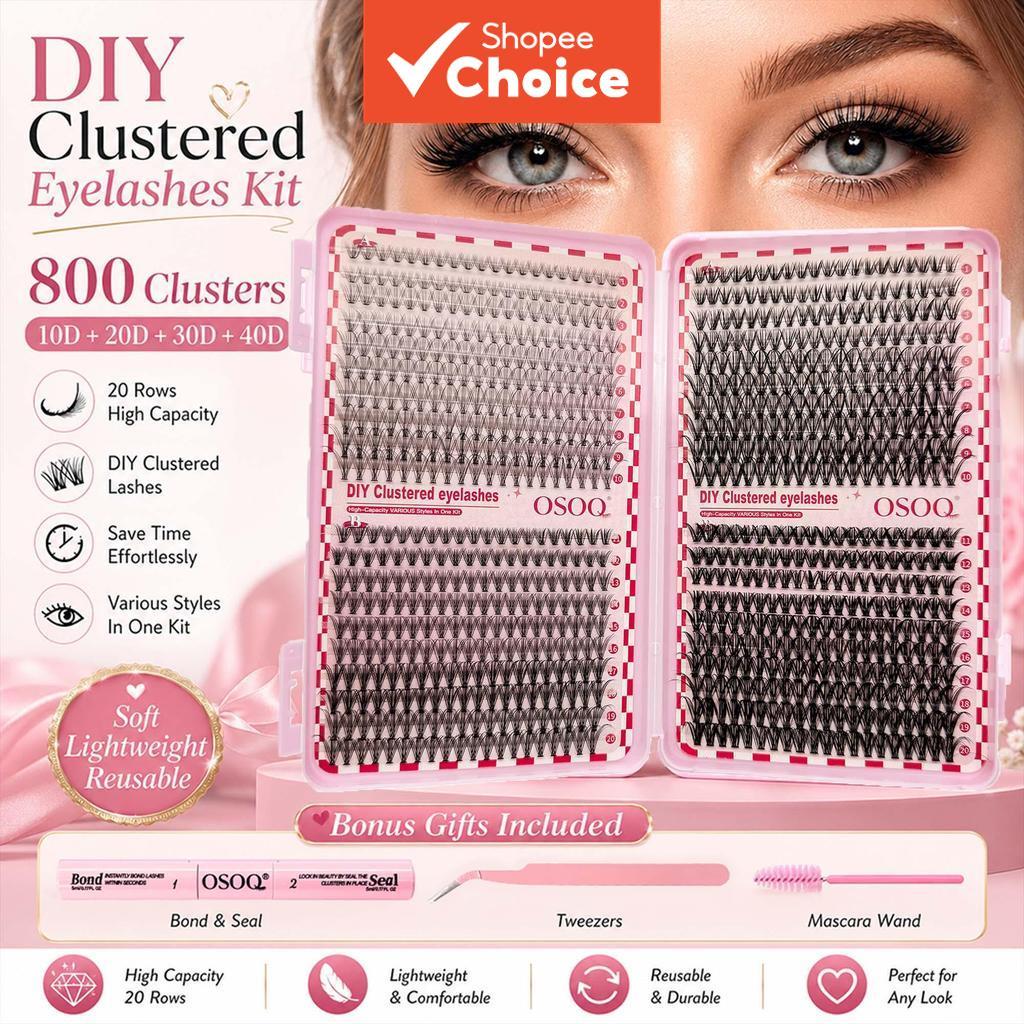 Kit de Cílios Postiços OSOQ 800 Clusters DIY, Cílios em Volume 10D-40D Mistos com Cola 2 em 1, Pinça e Pincel, Conjunto