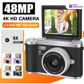 Câmera Digital 4K com Tela Flip 180° Ideal para Selfies Zoom 8x CCD 48MP Compacta Estudantil