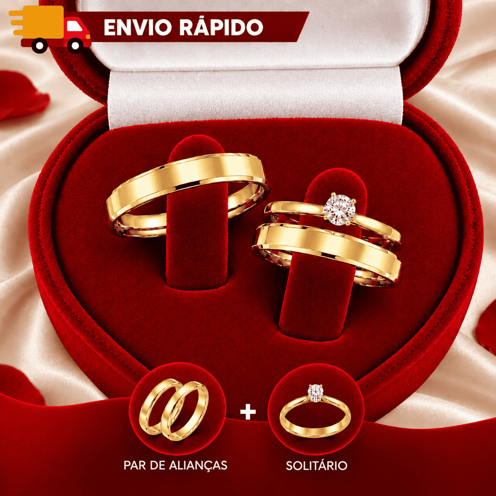 KIT Par Alianças Chanfrada Banhada Dourado + Anel Solitário - ( Noivado e Namoro... )