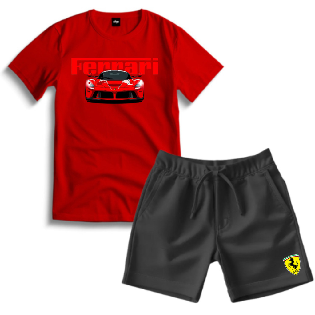 Kit Conjunto Infantil Juvenil Camiseta Estampa DTF Ferrari + Short Moletinho 100% Algodão Estiloso e Confortável