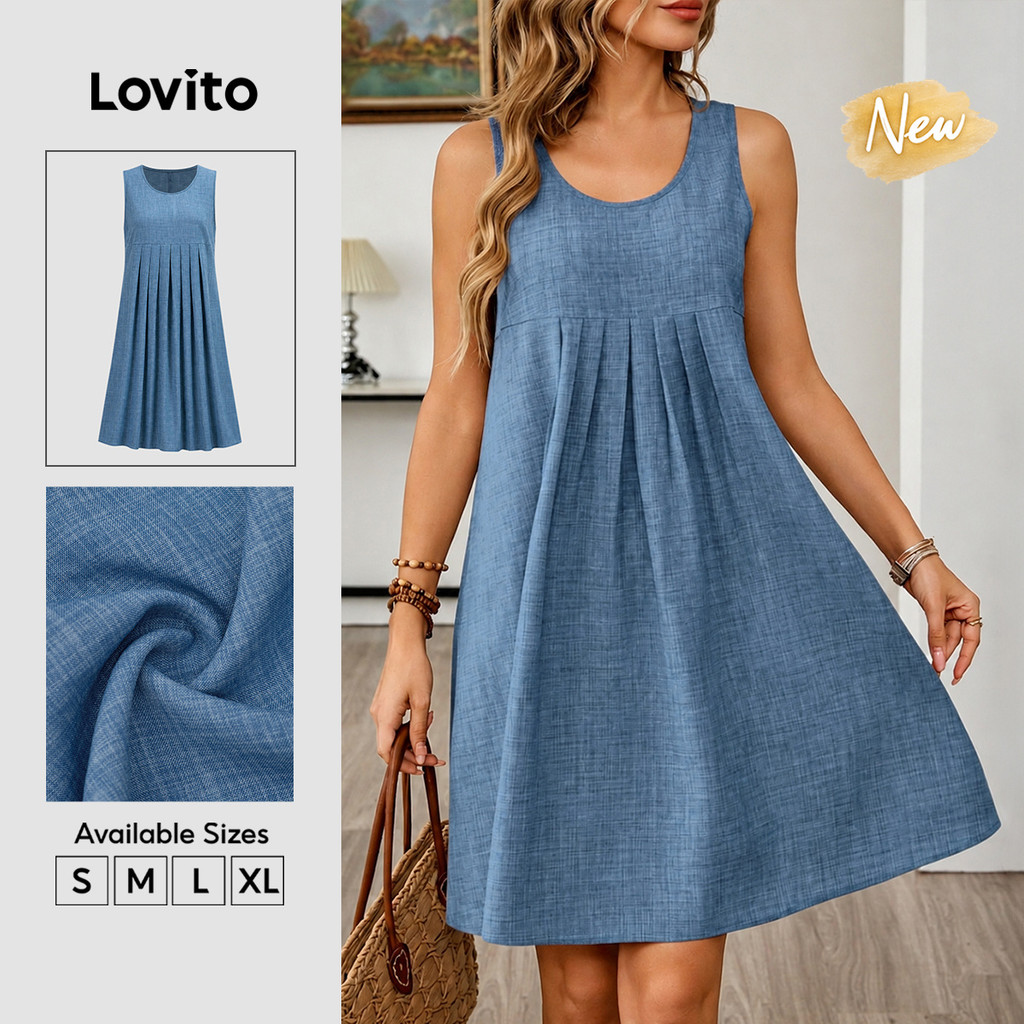 Lovito Vestido Feminino Azul com Pregas Comprimento Abaixo do Joelho e Barra Flare Primavera Verão Casual Fim de Semana e Traje de Trabalho DRB39BR203