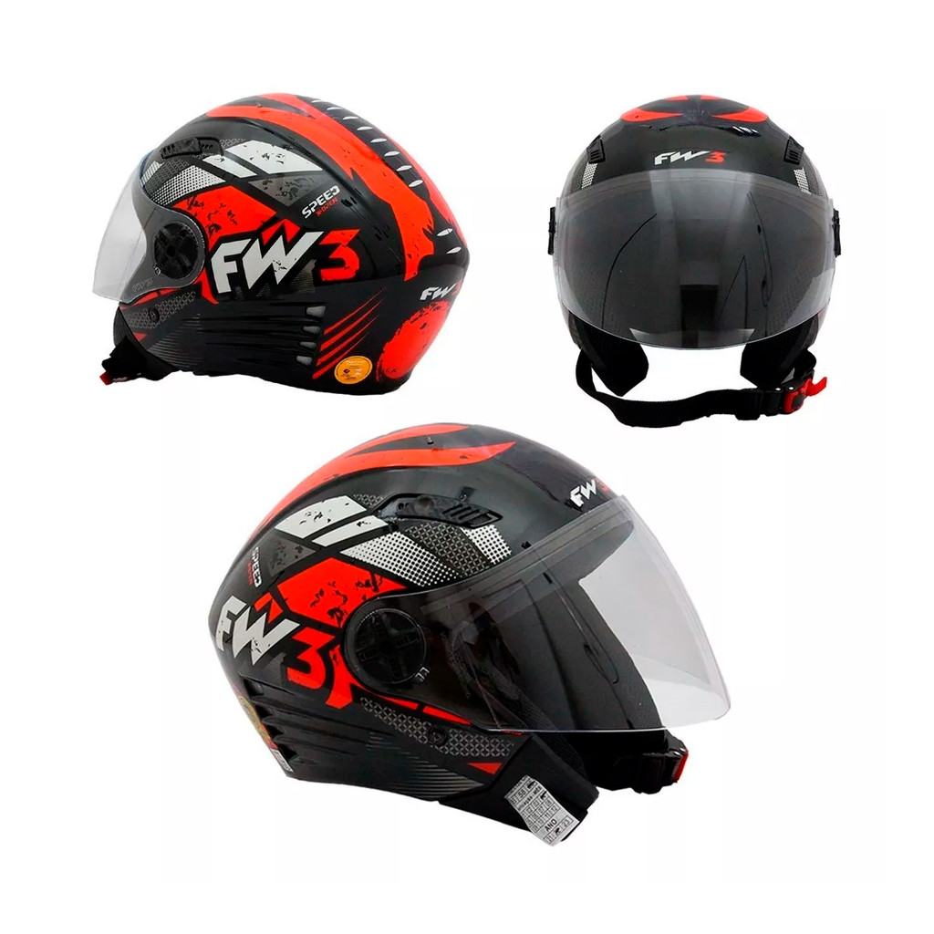 Capacete para Moto Aberto X Open Speed Preto com Vermelho com Viseira Cristal Tamanho 56 - FW3