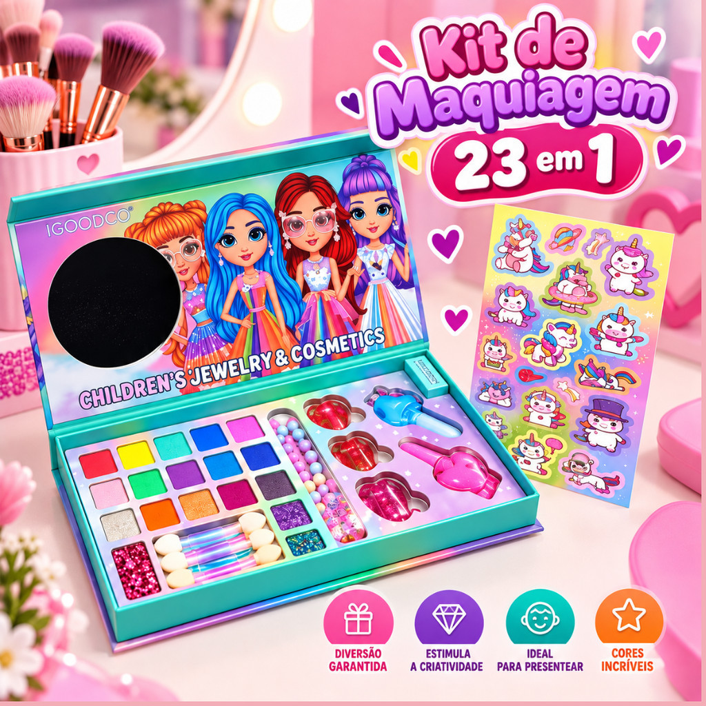 Kit de Maquiagem Infantil 23 em 1 – Diversão e Criatividade!