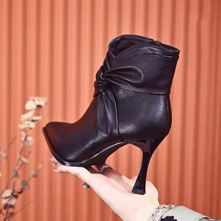 Botas femininas de salto alto e fino, estilo retrô e elegante, com bico fino e zíper lateral, cano curto, tamanhos 35-40