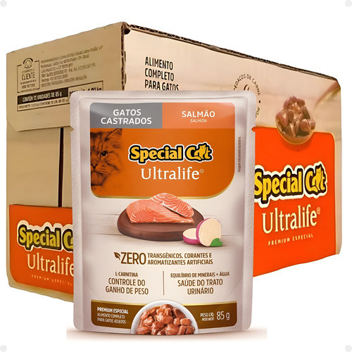 Kit 12 Sachê Special Cat Ultralife Gatos Castrado Salmão 85g