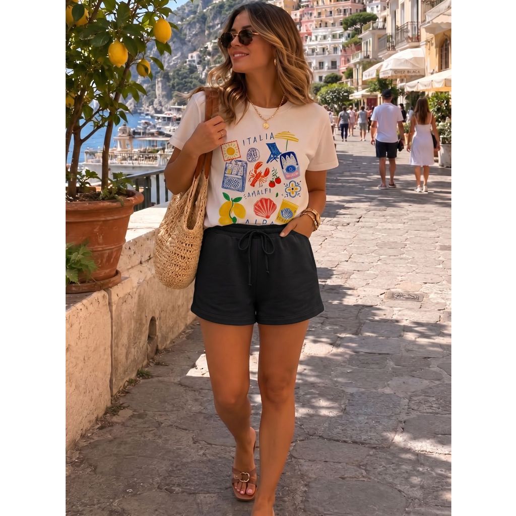 Conjunto Feminino Camiseta Oversized e Short Moletinho 100% Algodão Estampado DTF Verão Casual Streetwear
