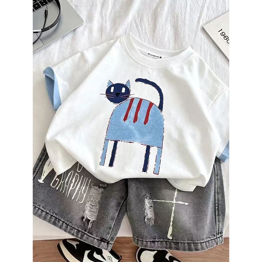 Crianças puro algodão de manga curta camiseta verão novo estilo meninos meninas versão coreana costura All-Match dos des