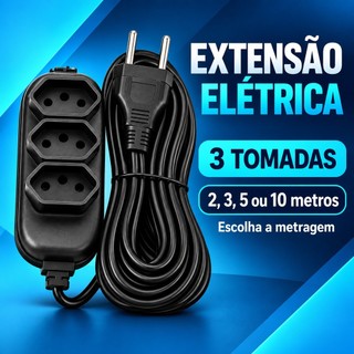 Extensão Preta 3 Tomadas com Cabo Paralelo Metragens 2 3 5 e 10 Metros