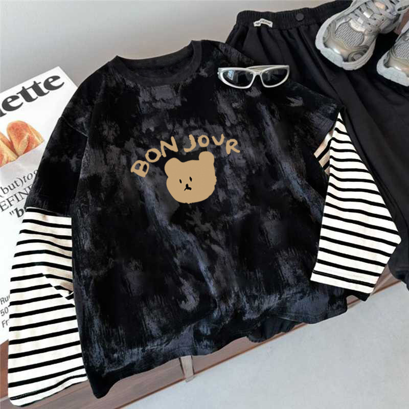 Algodão puro Tie-Dye crianças listrado falso de duas peças de manga comprida camiseta primavera outono Casual camisa de 