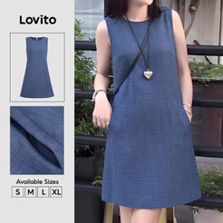 Lovito Vestido Casual de Bolso Azul Primavera/verão para mulheres DRB38BR088