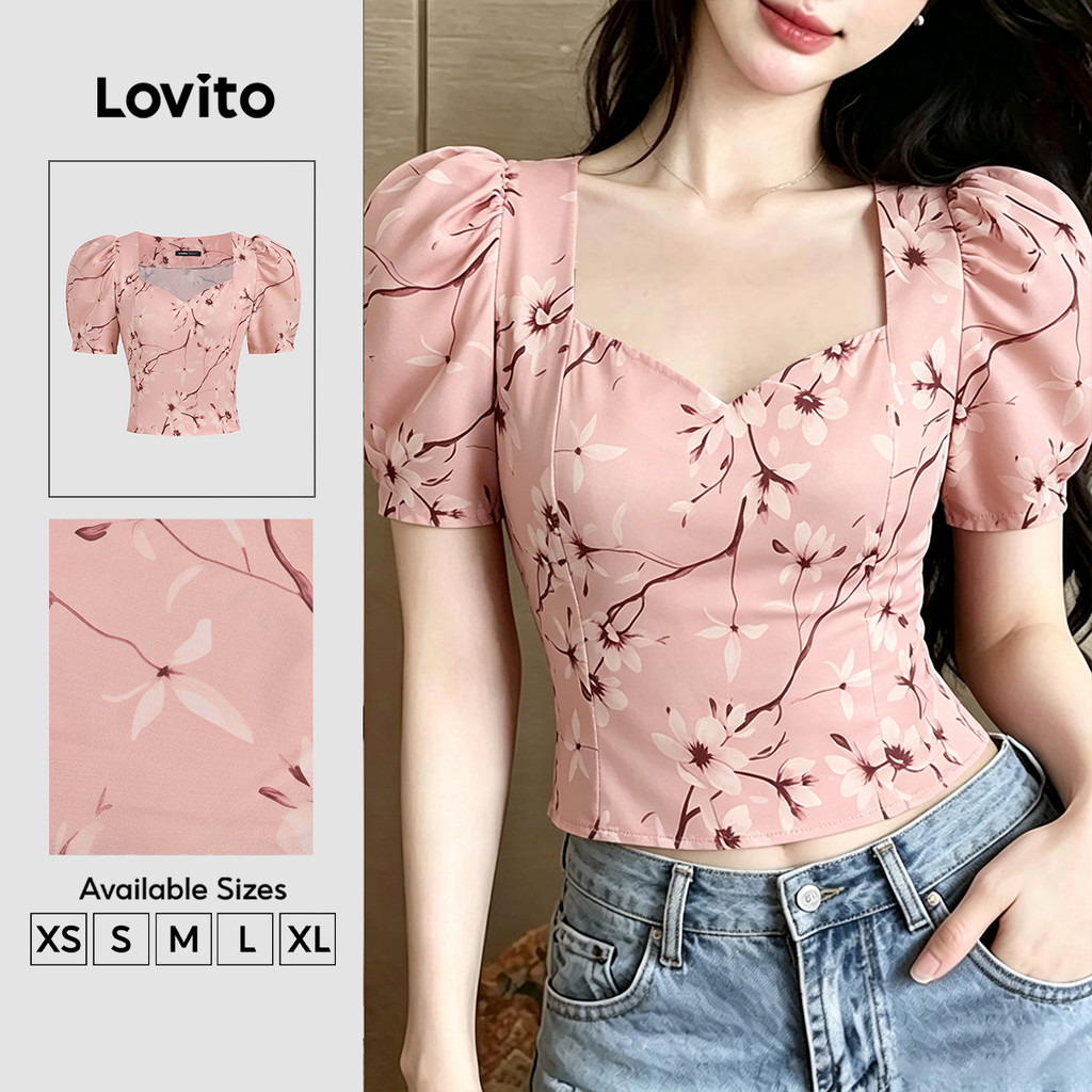 (New Arrival) Lovito Blusa Elegante Flores Rosa Claro Simples Primavera/verão para Mulheres BLB202P2D390