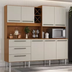 Armário para Cozinha 7 Portas 3 Gavetas com Balcão e Porta Garrafas Ajax Bege/Cinamomo/Areia Cinamomo/Areia