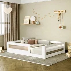 Cama Montessoriana Infantil Space Casal com Rattan e Grade de Segurança Casatema MadeiraOriginals Branco Casal