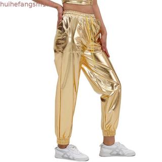 Yeahdor Calça Cargo Feminina Metálica Brilhante , Cintura Elástica Larga Com Acabamento Em Babados , Jogger Vários Bolso
