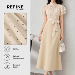 (Refine by Lovito) Vestido Feminino Chiffon Apricot Com Poás Babado Costura Em Tecido Amarrado Aline Para Trabalho DRR43P1D037