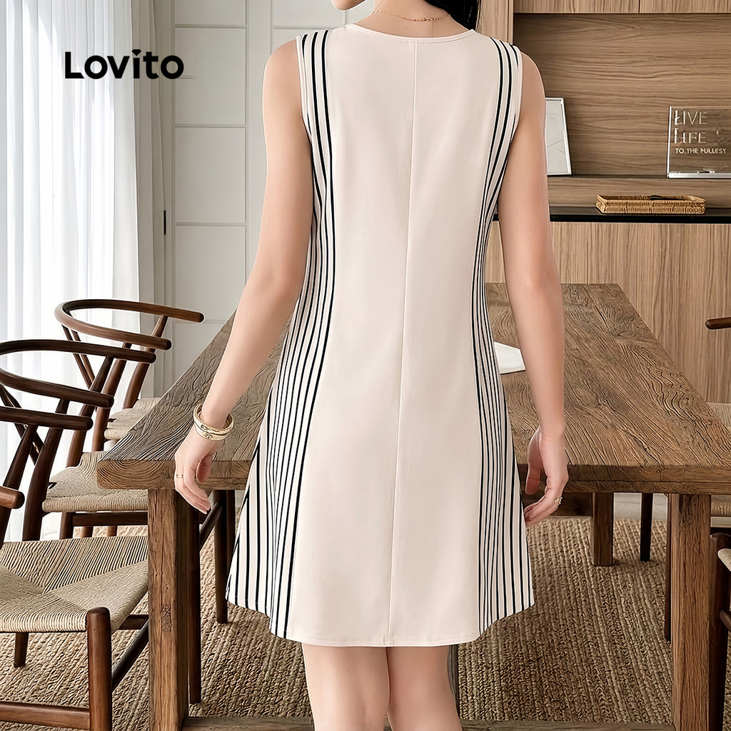 (New Arrival) Lovito Vestido Feminino Boho Curto De Corte Reto E Com Padrão Listrado Para Primavera/verão Fins De Semana Uso Casual E Férias DRB40BR145 — imagem 2 de 2