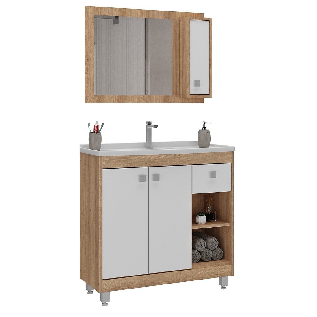 Conjunto de Banheiro 1 Porta e 1 Gaveta com Gabinete Cuba e Espelheira 80cm Essenza Lamina Mel/Branco · foto 2