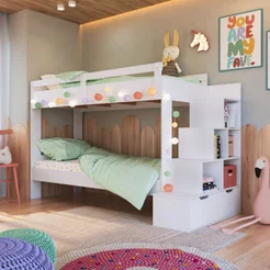 Beliche Infantil com Escada Nichos e Gavetas Branco Branco