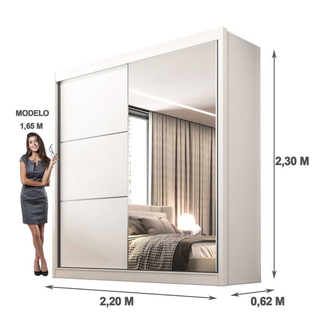 Guarda-Roupa Casal com Espelho 100% MDF 2 Portas Correr 6 Gavetas Branco Coliseu Branco · foto 2