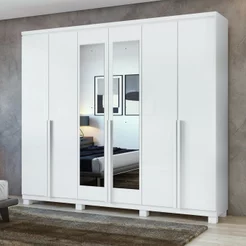 Guarda-Roupa Casal 6 Portas 4 Gavetas com Espelho e Pés MDF 230cm Alonzo Branco Branco