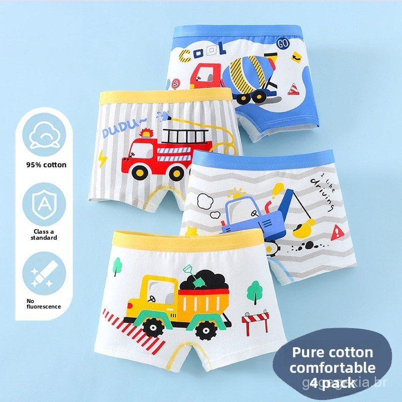 4 peças de cuecas infantis de algodão puro, cuecas boxer para meninos, cuecas para estudantes, cuecas para bebês