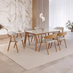 Conjunto Sala de Jantar com Tampo de Vidro Monalisa 6 Cadeiras Gaia Yescasa Cinza/Mel Marrom/Off White Mel Natural/Off
