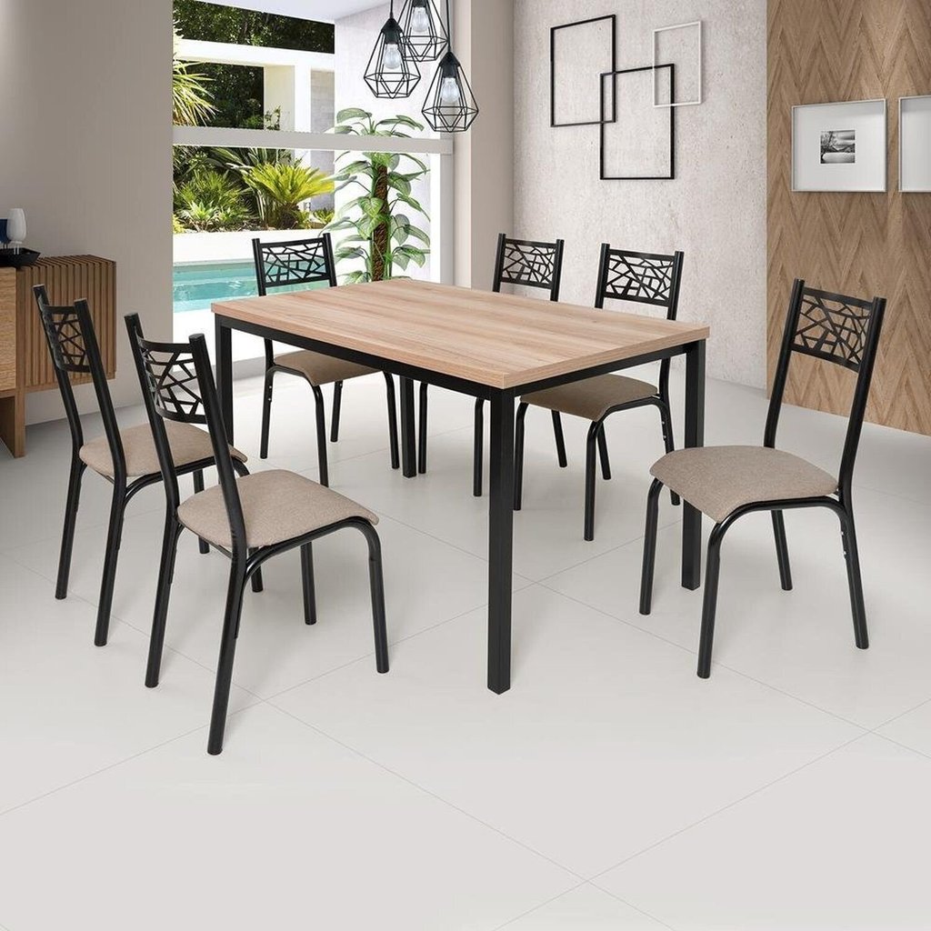 Conjunto Jade Flex 1,36m Tampo Laminado com 6 Cadeiras Marrom/Preto Fosco/Bege/Carvalho Preto/Bege/Carvalho