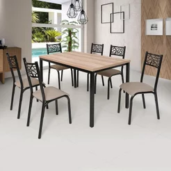 Conjunto Jade Flex 1,36m Tampo Laminado com 6 Cadeiras Marrom/Preto Fosco/Bege/Carvalho Preto/Bege/Carvalho