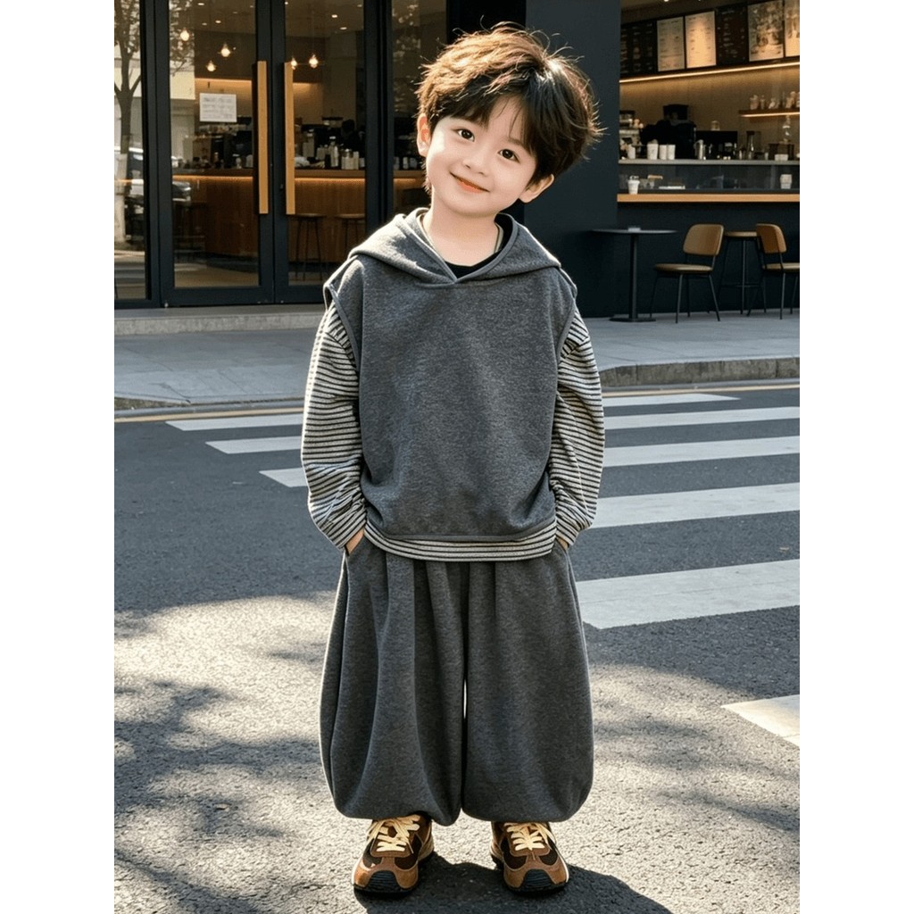Meninos outono terno 2026 novo estilo crianças estilo coreano colete de manga comprida camiseta primavera outono calças 