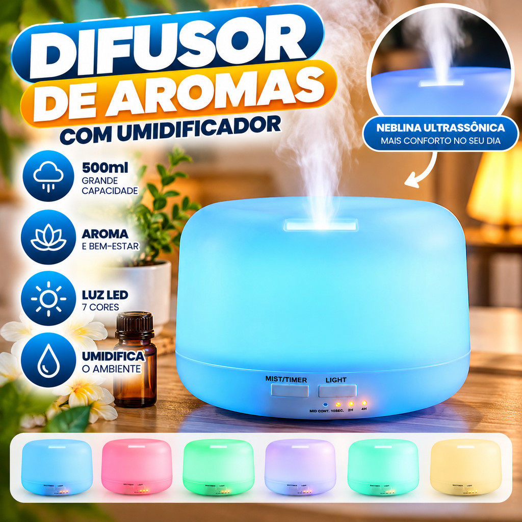 Difusor de Aromas para Quarto e Sala com Umidificador Ultrassônico 500ml Atlas