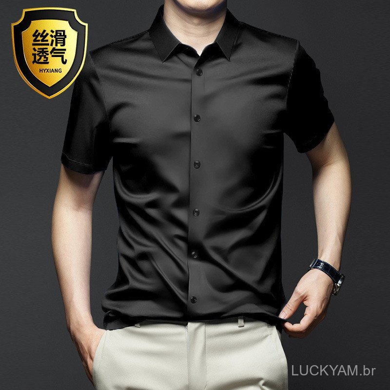 [Camisa Casual] Camisa de manga curta Design Sense Camisa branca de seda masculina de manga curta verão novo estilo seda