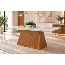 Mesa de Sala Jantar Luna c/ Tampo 180x90cm Madeirado Vidro Canto Curvo - Imbuia/Ripado 3D/Off White - Rufato