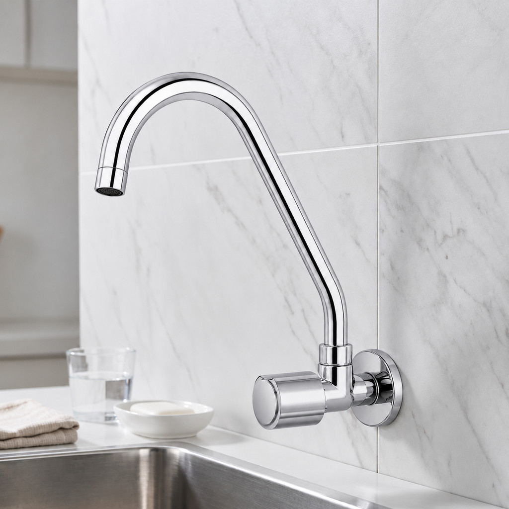 Torneira de Cozinha de Parede C22 Bica Móvel Metal Cromado Resistente