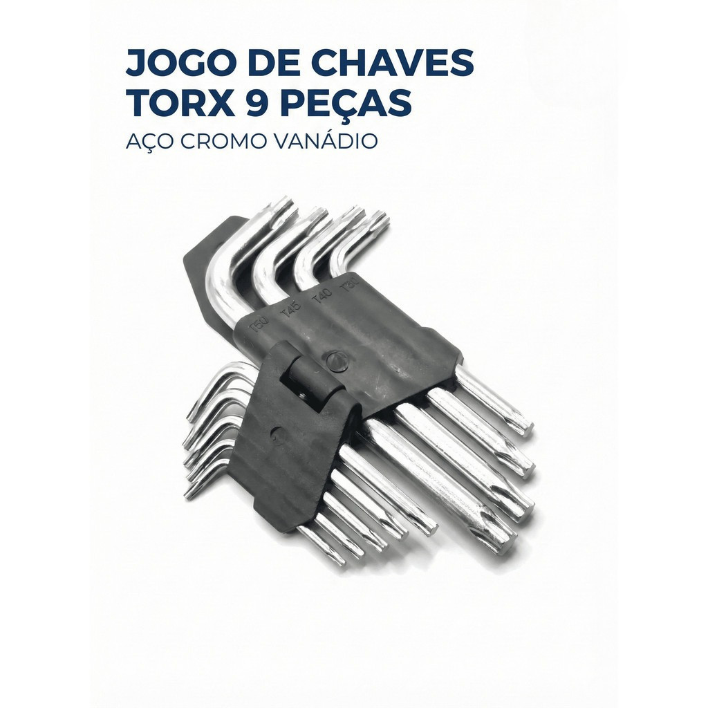 Jogo Chave Torque Kit com 9 Peças Torx Curta T10 até T50