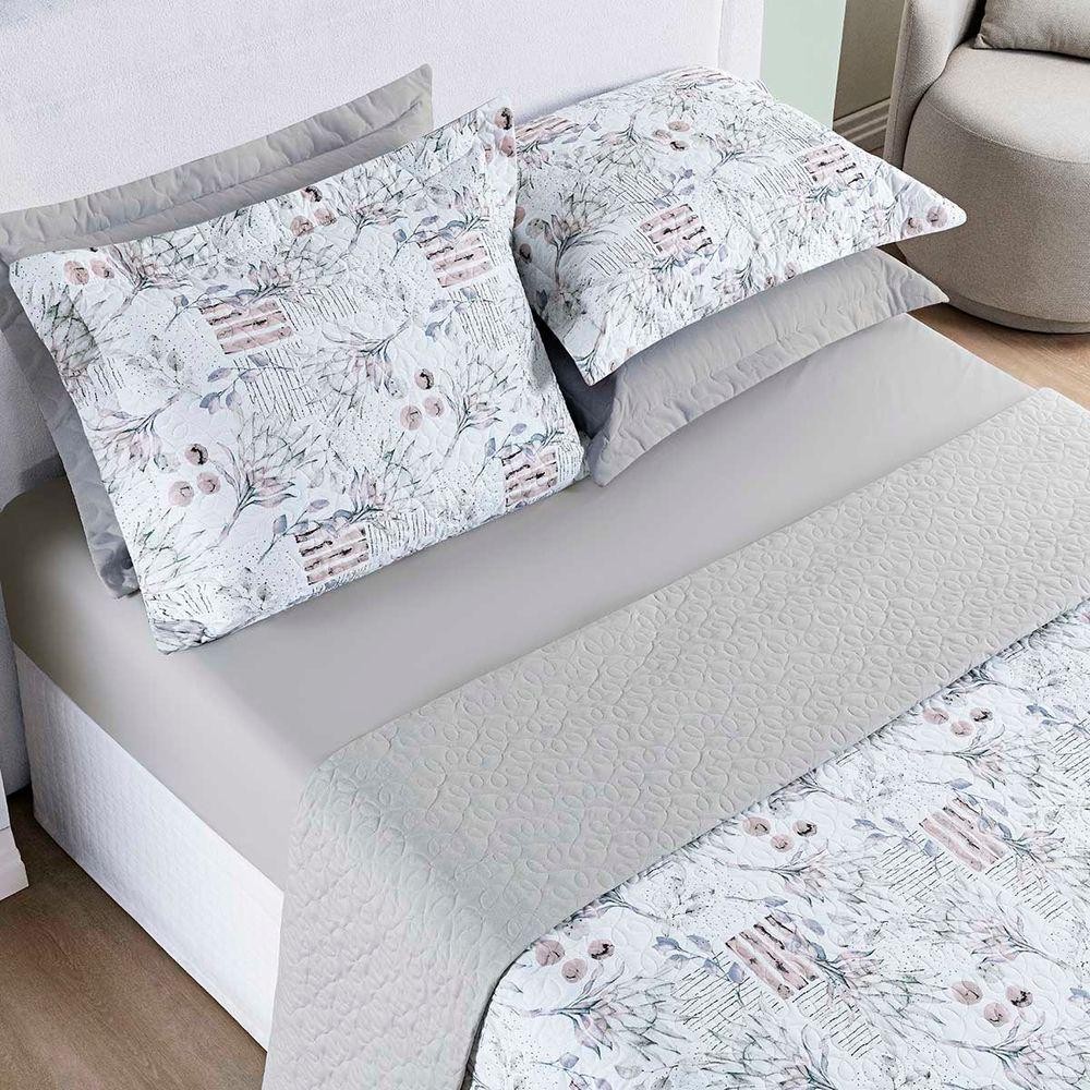 Kit Cobre Leito Colcha Maris Casal Padrão Estampado Dupla Face Percalle 200 Fios 3 Peças Protea Cinza
