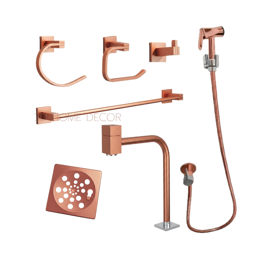 Acessórios Banheiro Quadrado Metal Rose Gold Luxo Ducha Rose Toalheiro Rose Saboneteira