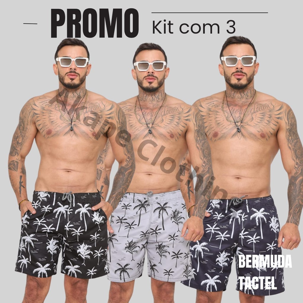 KIT 3-2-1 Short Tactel coqueiro Grosso Masculino Mauricinho Adulto Praia &Piscina Secagem Rápida Academia Bermuda Verão.