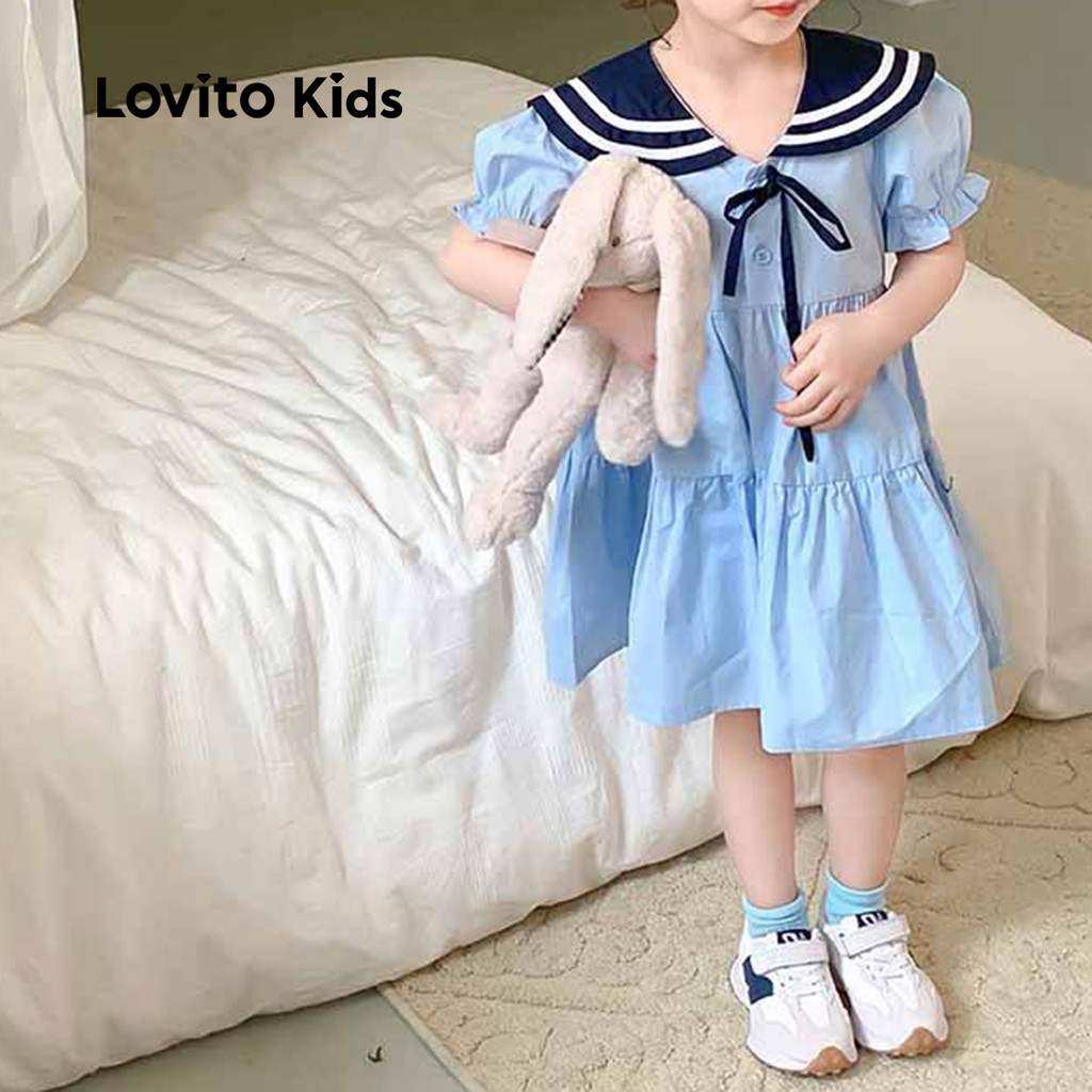 Detalhes do Lovito Kids Vestido Casual de Renda com Amarrar em Blocos de Cores Primavera/verão azul LNL119024
