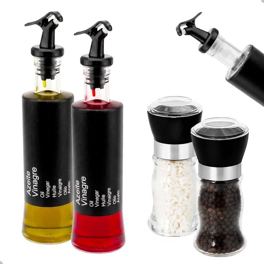 2 MOEDORES SAL E PIMENTA C/ AJUSTE + 2 GALHETEIROS C/ DOSADOR BLACK 300ML