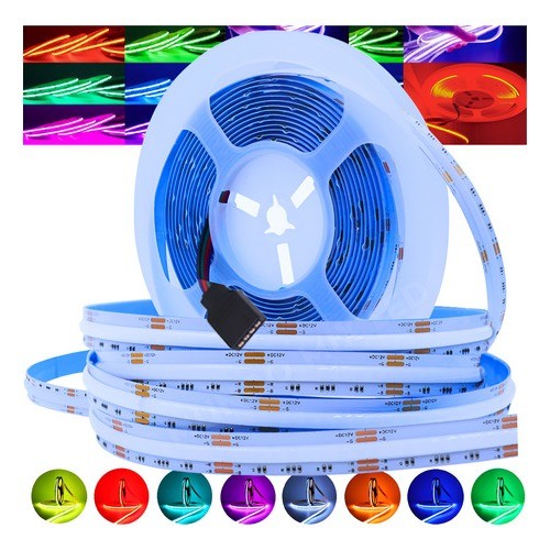Fita Cob 810 LEDs 5m RGB 18W/m 12V Colorida + Controle | Luz Uniforme Sem Pontos (Fonte Não Inclusa)
