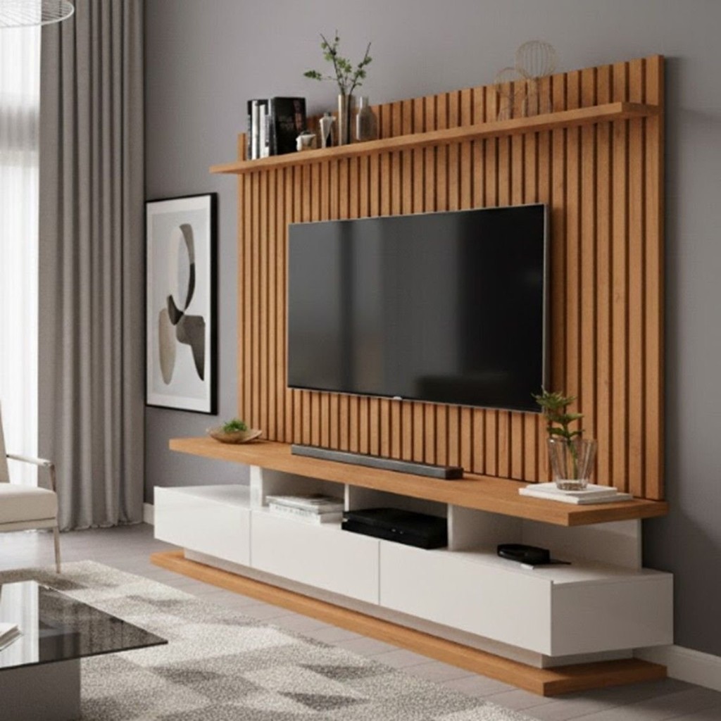 Rack com Painel Ripado para TV até 72 Polegadas 3 Gavetas e Pés com Rodízios Vivare Classic Off White/Nature em Oferta na Shopee