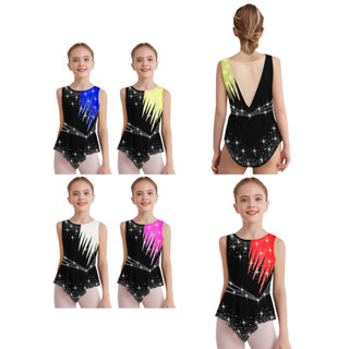 Yhong Crianças Meninas Ginástica Rítmica Sem Mangas Collant Brilhante Strass Contraste Cor Bodysuit Competição Desempenh em Oferta na Shopee