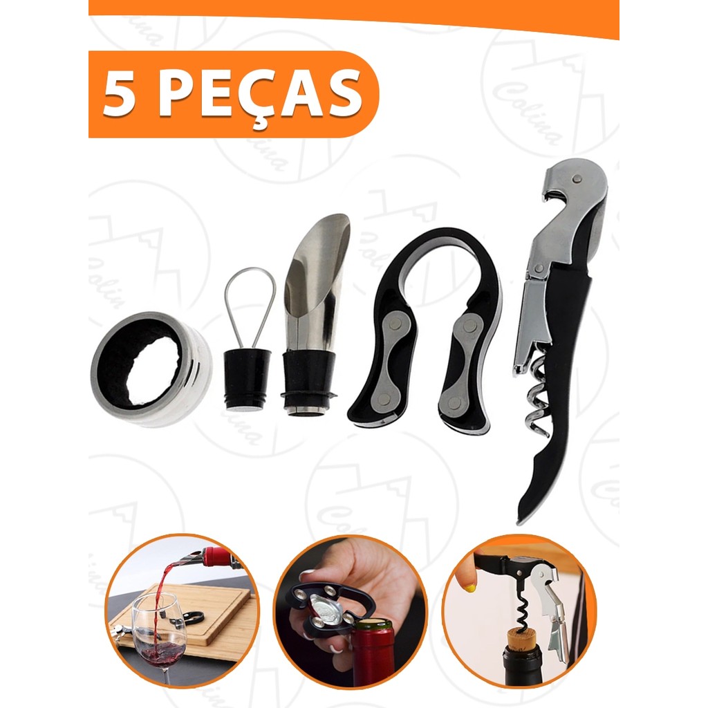 Kit Abridor De Vinho 5 Peças Com Saca Rolha Dosador Corta Lacre Aço Inox