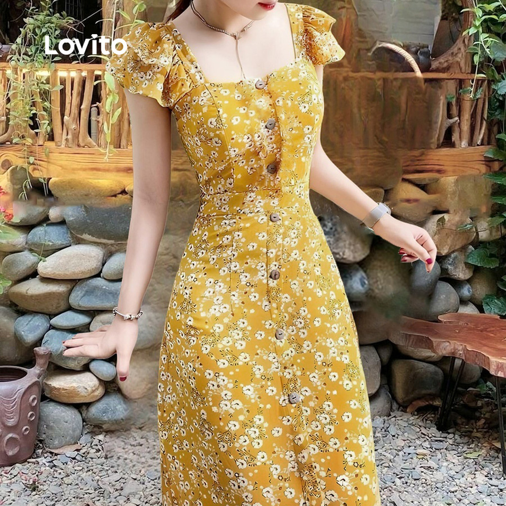 Detalhes do Lovito Vestido Casual de Vestido Amarelo com Babados Botões Primavera/verão para mulheres L154LD348